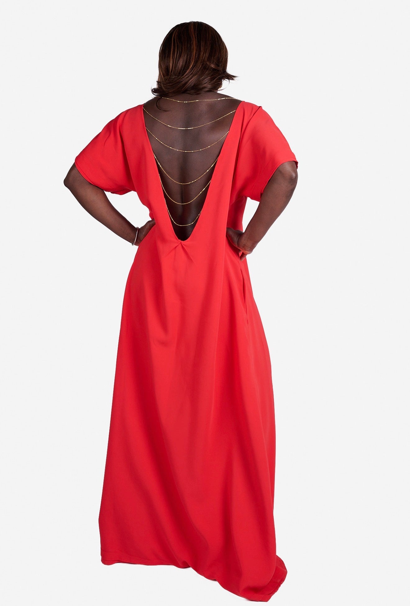 Crimson Cascade Chain-Back Gown